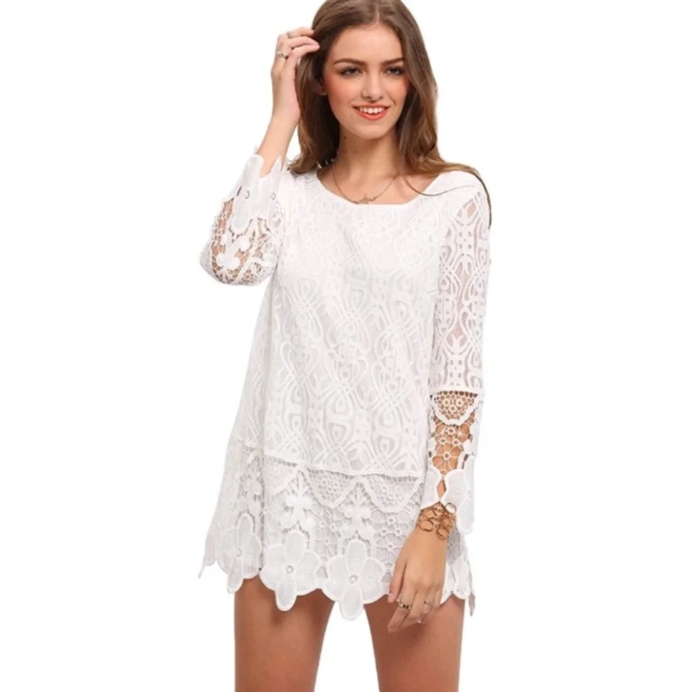 Boho All Over Floral Lace Overlay Shift Dress - Picture 3 of 7
